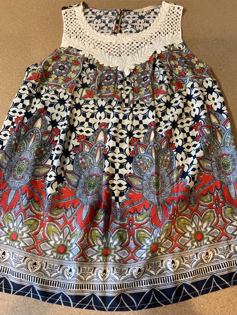 fun 2 fun Navy, Red and Cream Crochet Yoke Print Top